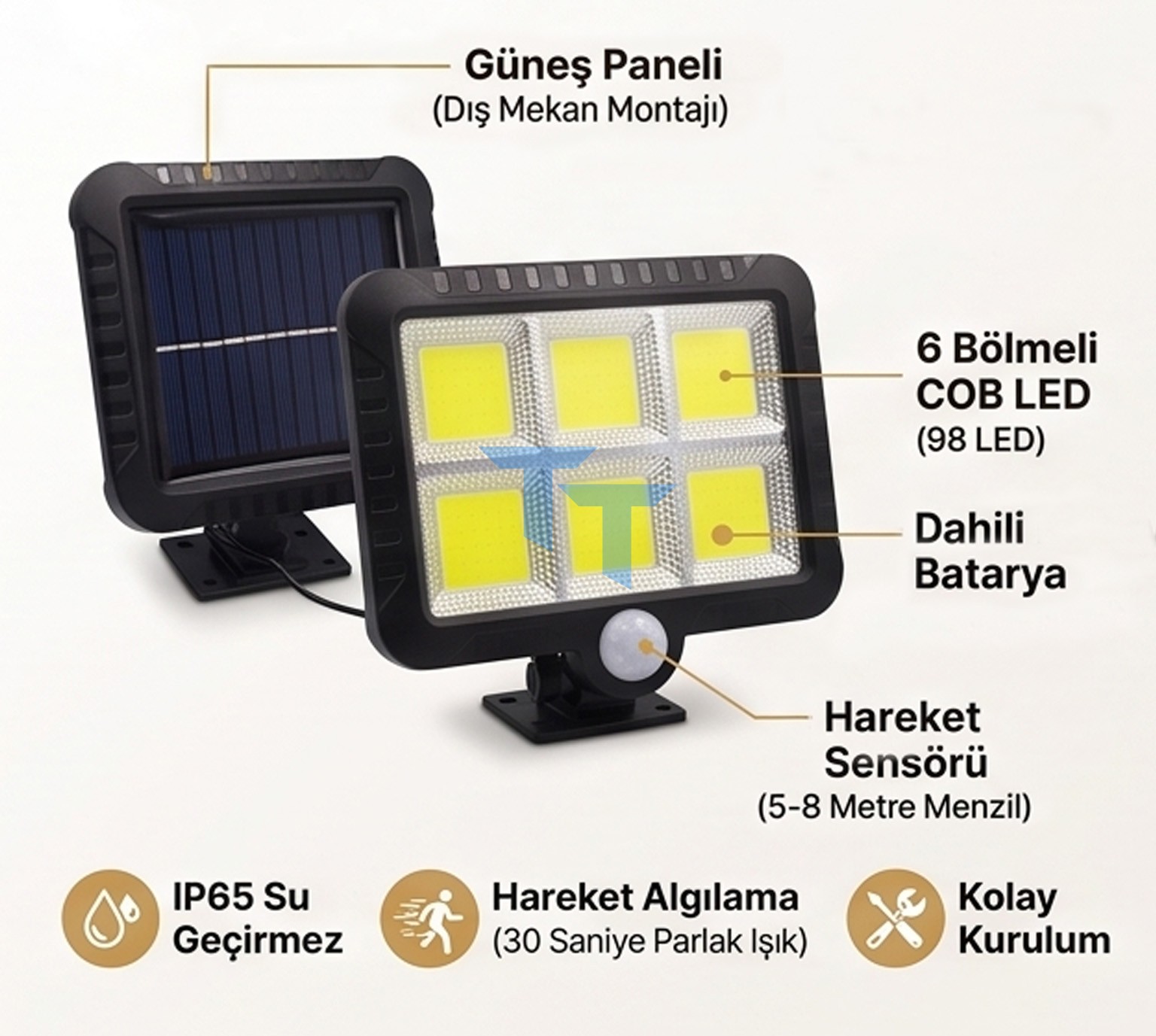 5 Metre Kablolu Solar Sensörlü Güneş Enerjili Lamba Sokak-Bahçe Lambası Garaj Lambası